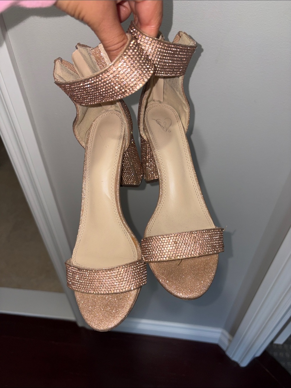Women's Rose Gold Glitter Ankle Strap Block Heel Sandals